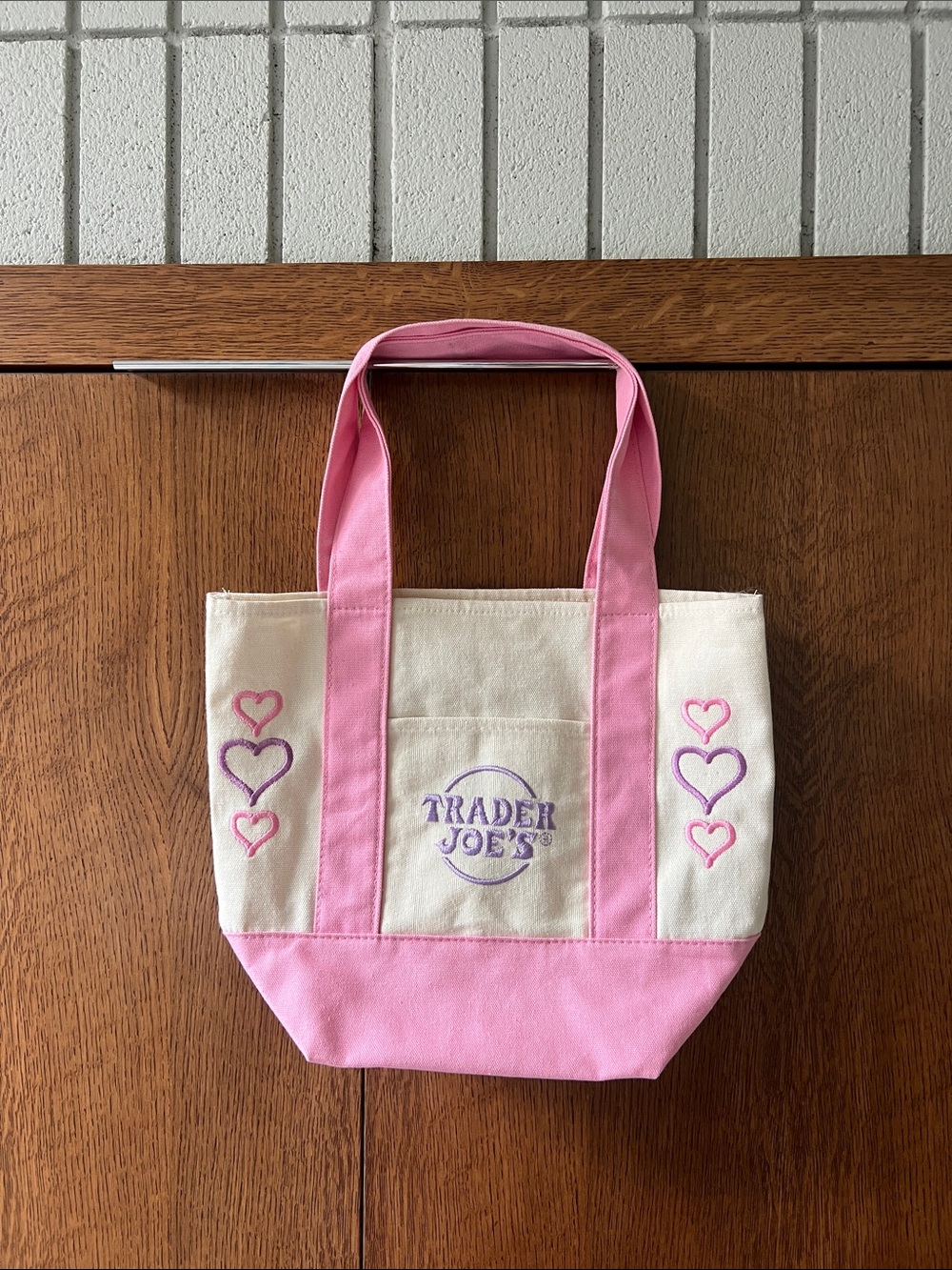 Custom embroidered Trader Joe’s Pink & Cream Canvas Tote Bag